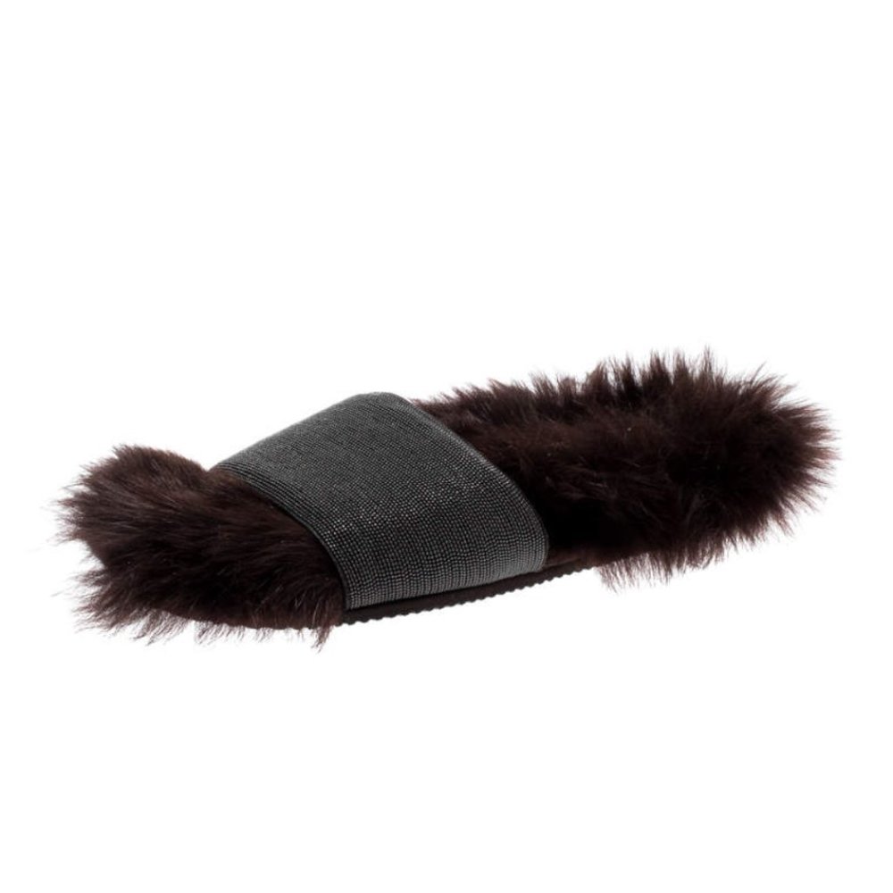 NWT Brunello Cucinelli Brown Monili Bead and Shearling Slip-on Slides Size 35.5